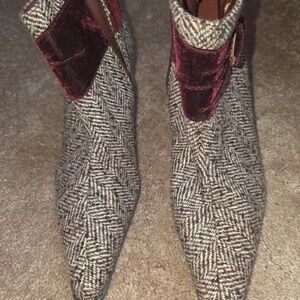 Herringbone Pointed Ankle Booties with Burgundy Velvet Trim
